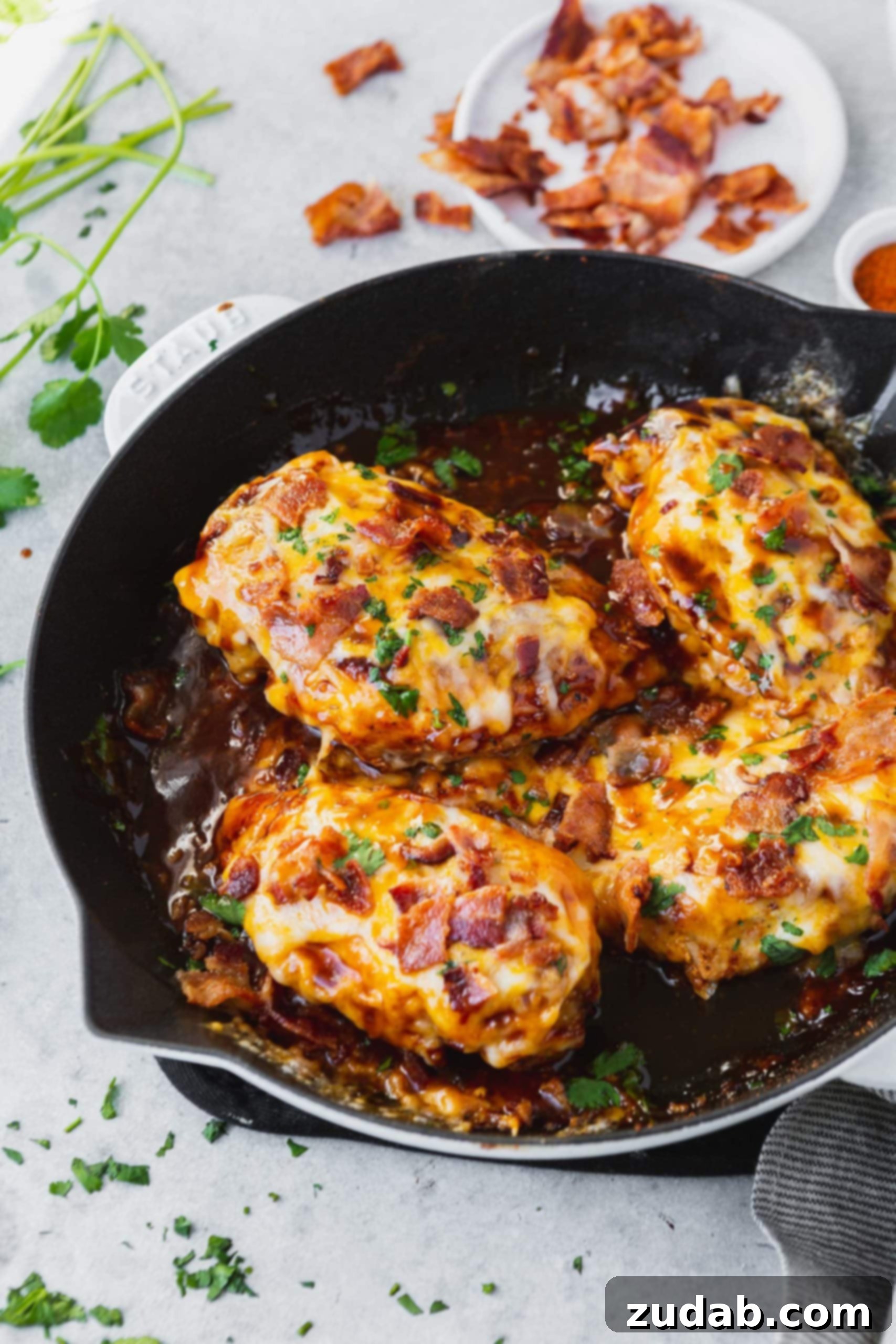 Four succulent chicken breasts, perfectly cooked and nestled in a skillet, adorned with golden-brown melted cheese and generous crispy bacon bits.