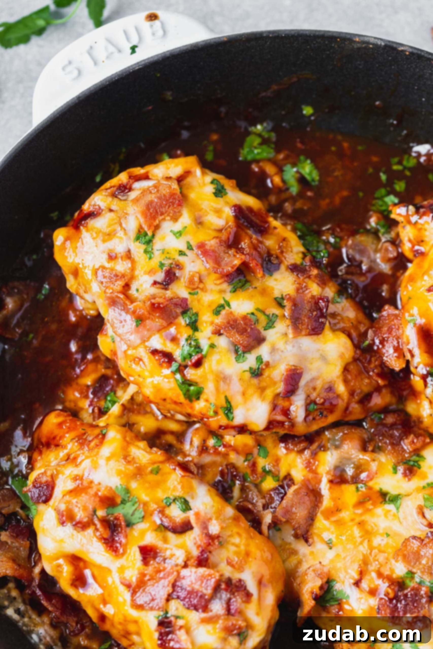 A delectable close-up of Cheesy Bacon BBQ Chicken, showcasing the crispy bacon bits, fresh parsley leaves, and perfectly melted cheese atop the tender chicken.