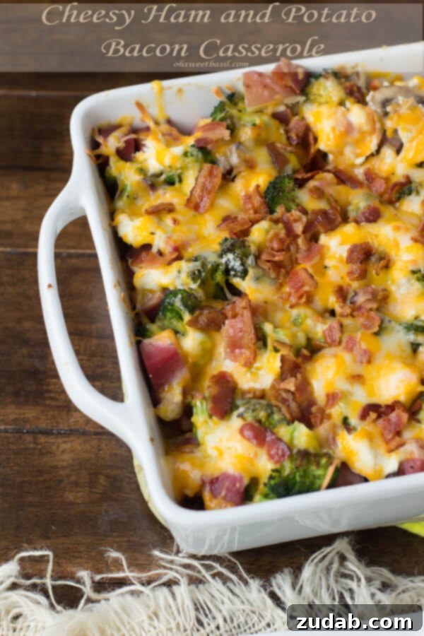 Effortless Weeknight Casseroles 3 Rich and creamy cheesy ham and potato bacon casserole, perfect for using up holiday leftovers or any cozy dinner. Recipe on ohsweetbasil.com