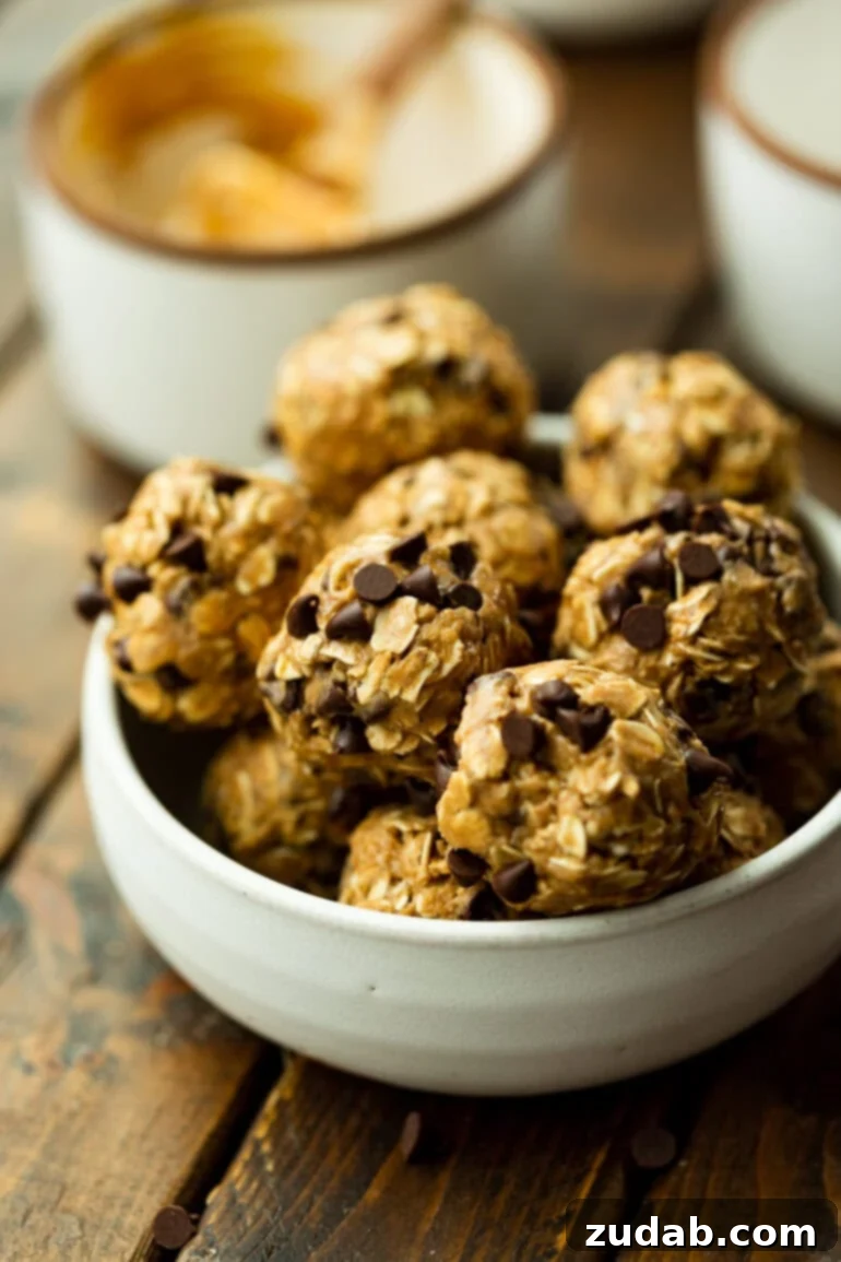 No-Bake Chocolate Protein Power Bites 2 A bowl filled with delicious peanut butter chocolate chip oatmeal bites, ready to energize.