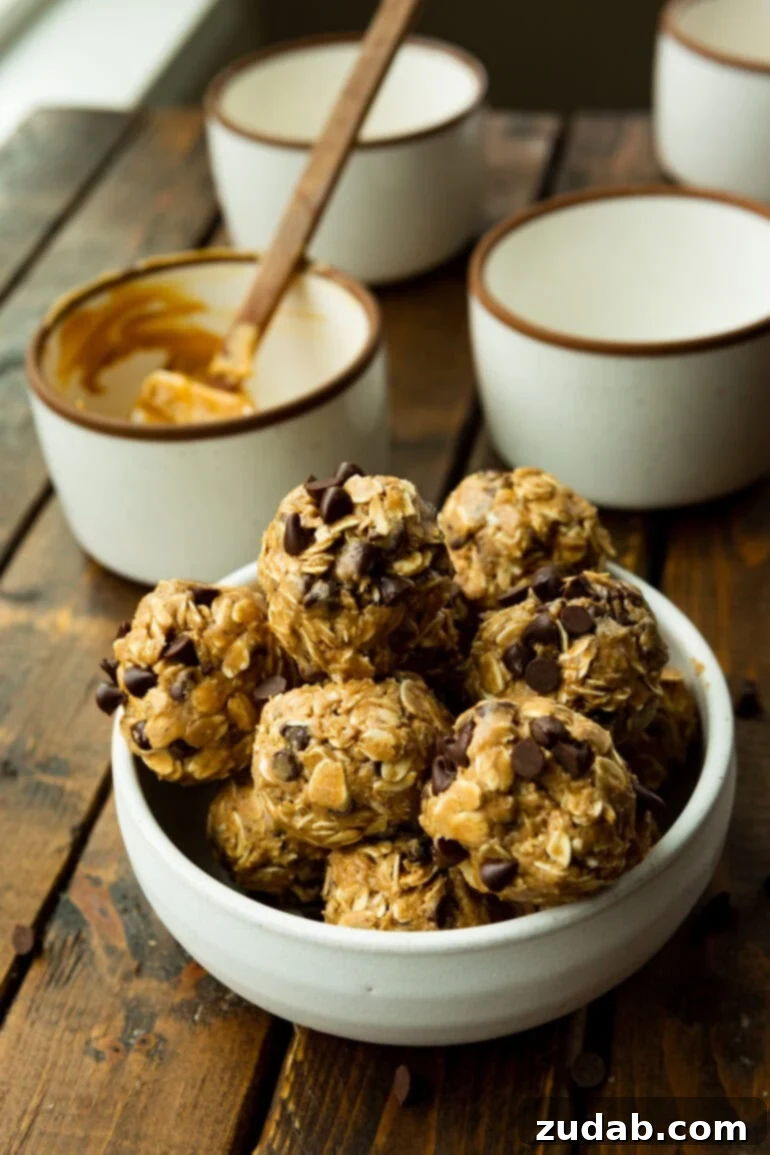 No-Bake Chocolate Protein Power Bites 3 A large bowl brimming with freshly prepared oatmeal protein bites, glistening with chocolate chips.