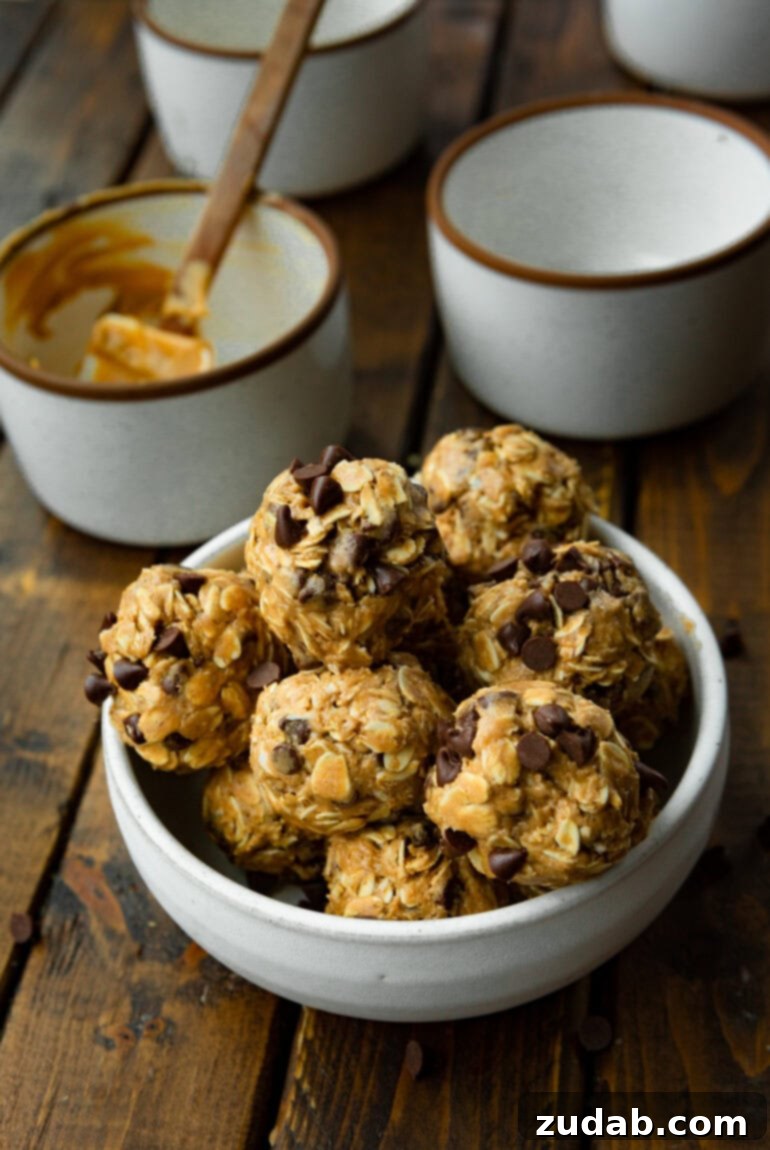 No-Bake Chocolate Protein Power Bites 7 A large bowl generously filled with protein chocolate energy bites, showcasing an abundance of chocolate chips.