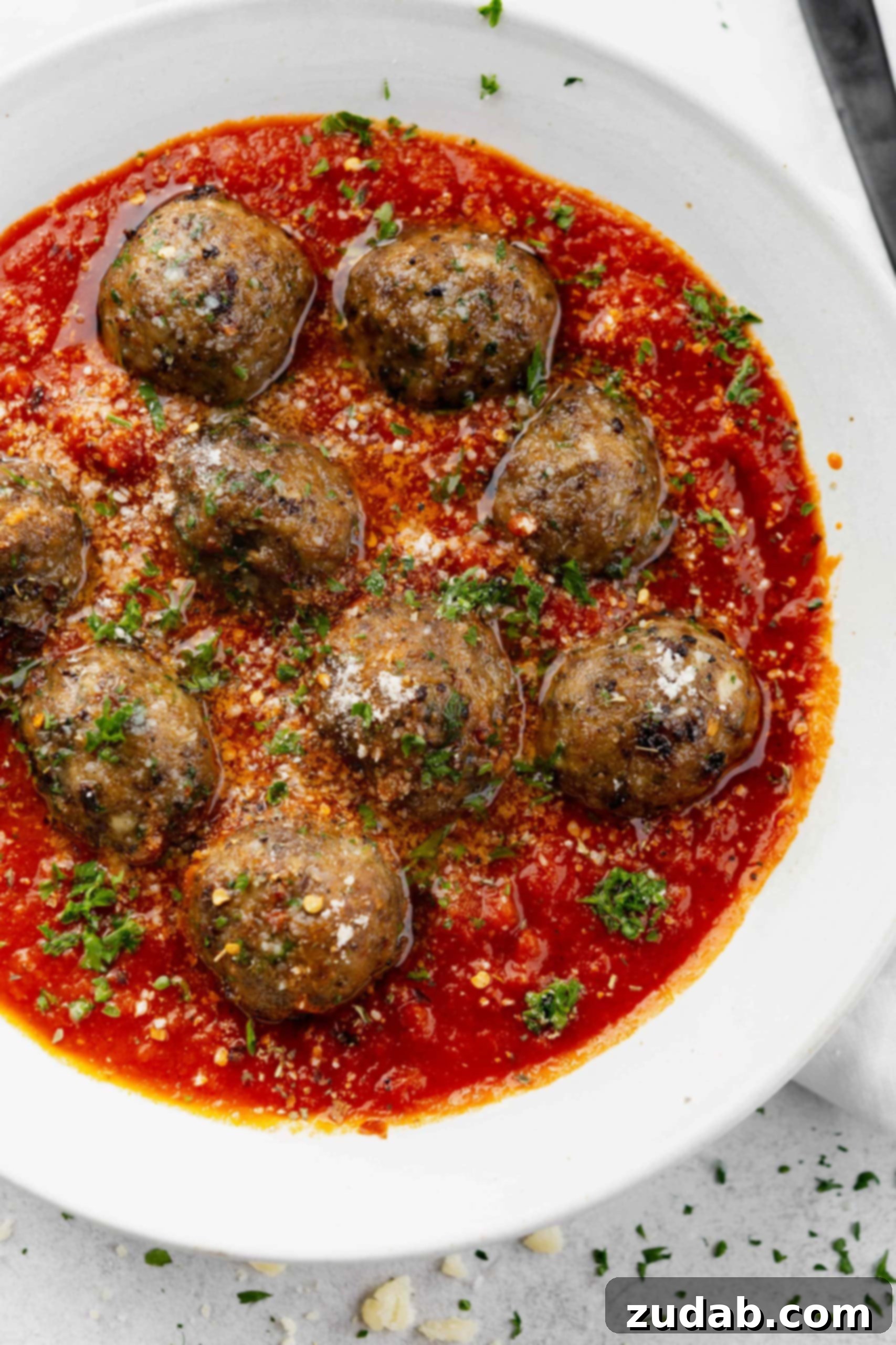Classic Spaghetti and Meatballs A bowl of meatballs in a tomato based sauce. The dish is sprinkled with chopped parsley.