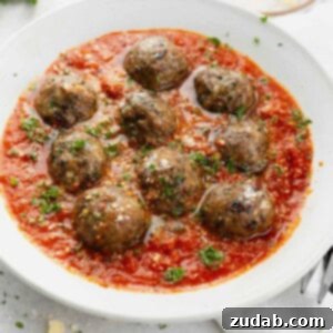 Grandma's Spaghetti and Meatballs 2 A bowl of meatballs in a tomato based sauce. The dish is sprinkled with chopped parsley.