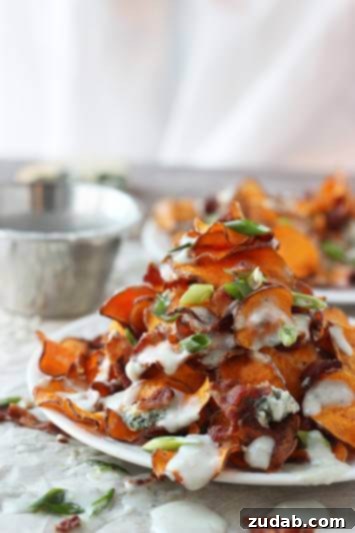Golden Sweet Potato Gratin Stacks 3 Baked-Sweet-Potato-Chips-with-Blue-Cheese-Sauce-and-Bacon-7