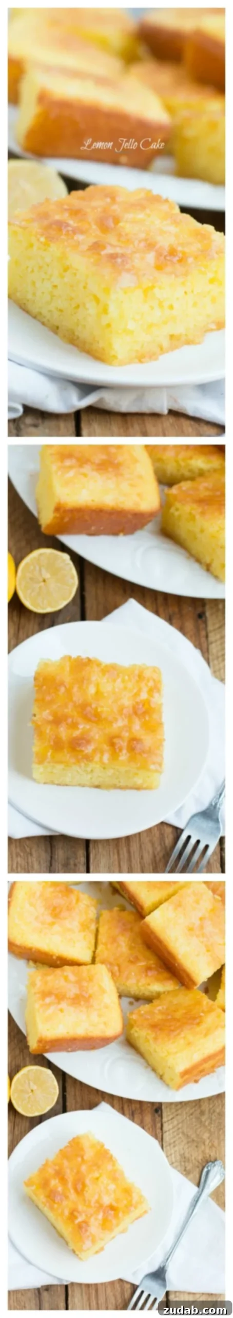Zesty Lemon Cloud Cake 10 A close-up of the delicious lemon jello cake, showcasing its moist texture and inviting color.