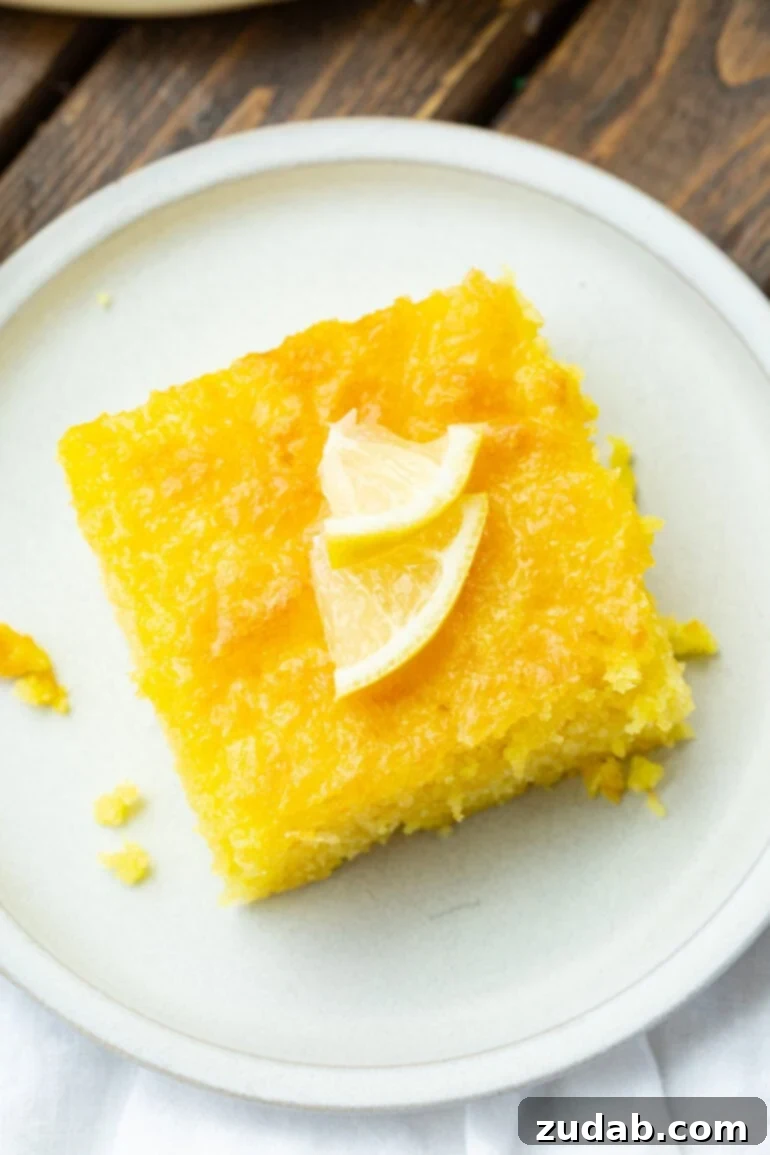 Zesty Lemon Cloud Cake 6 An overhead shot of a delightful piece of Lemon Jello Cake, artfully garnished with small, thin slices of fresh lemon on top.