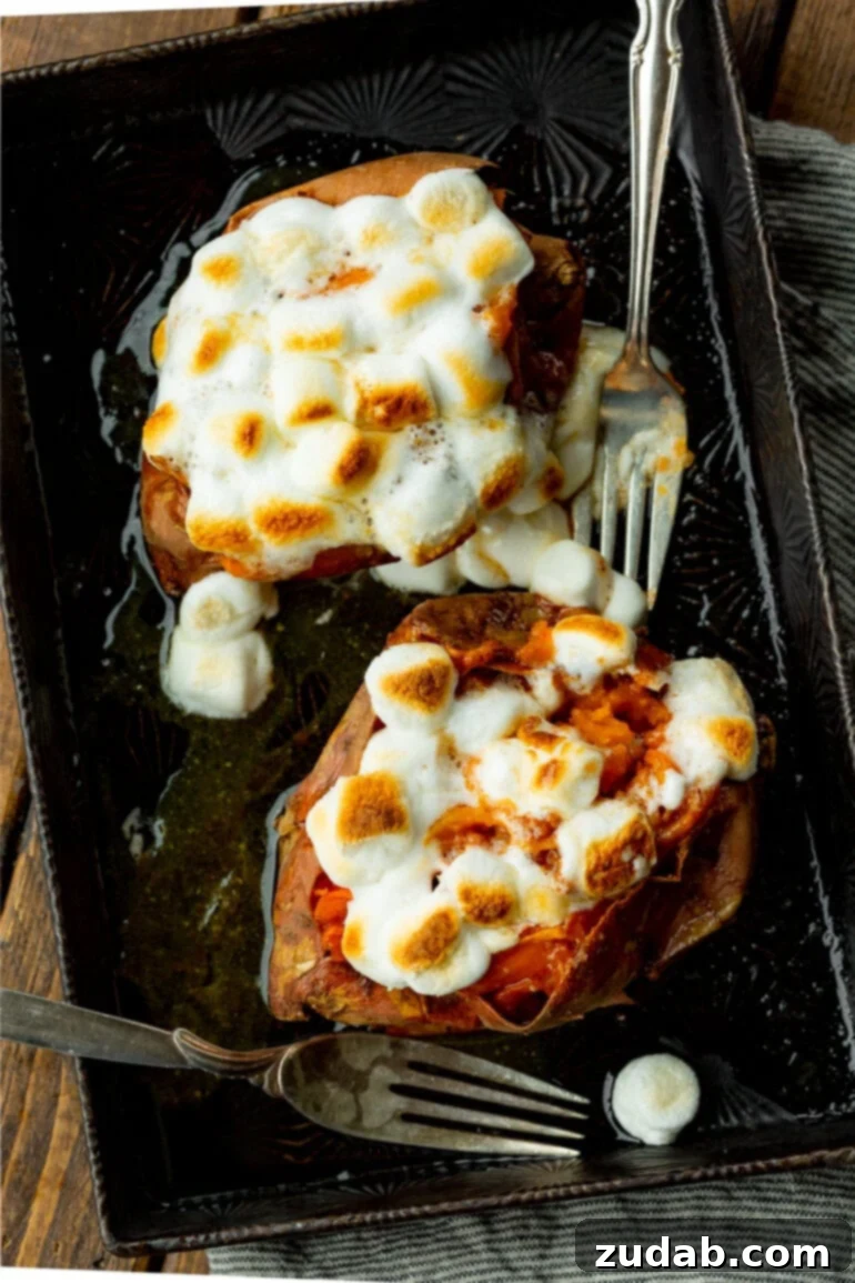 The Ultimate Homemade Texas Roadhouse Loaded Sweet Potato 3 A photo of two baked sweet potatoes, beautifully topped with toasted marshmallows, with a fork poised next to one.