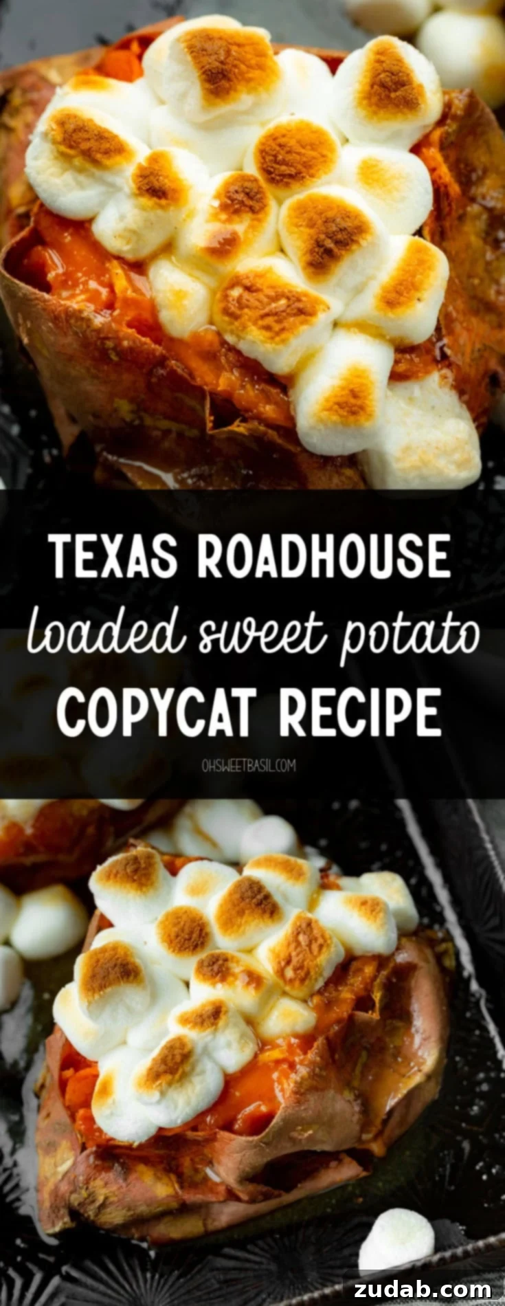 The Ultimate Homemade Texas Roadhouse Loaded Sweet Potato 9 An overhead shot of a baked sweet potato that has been topped with toasted mini marshmallow, glistening and ready to serve.