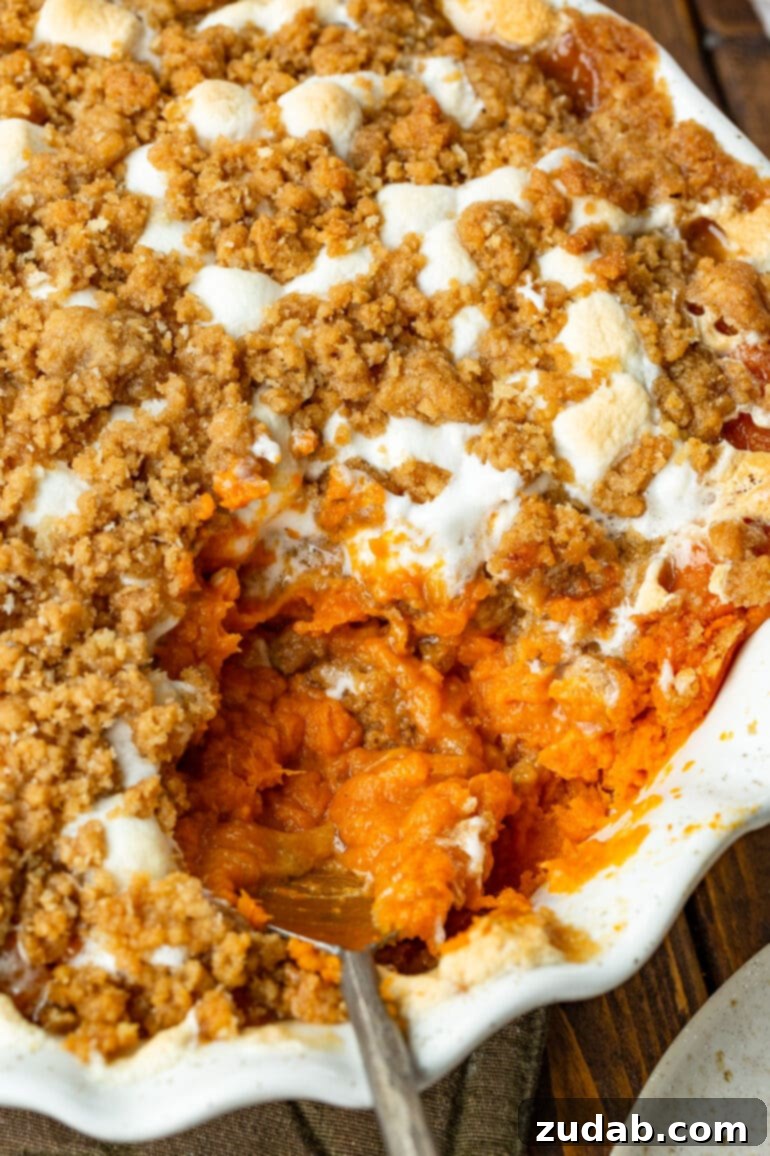 Golden Sweet Potato Marshmallow Dream 2 A beautifully presented round baking dish filled with golden-brown sweet potato casserole, topped generously with perfectly melted, slightly browned marshmallows and a crunchy brown sugar streusel. A serving spoon is poised, ready to scoop out a portion, highlighting the dish's irresistible texture.