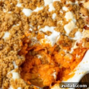 Golden Sweet Potato Marshmallow Dream 11 a photo of a round baking dish full of sweet potato casserole topped with gooey marshmallows and a brown sugar streusel topping with a serving being scooped out of the dish