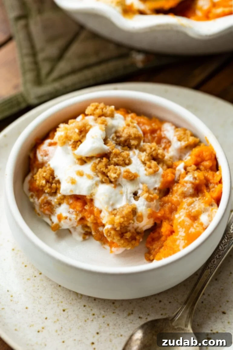 Golden Sweet Potato Marshmallow Dream 3 A close-up shot of a single serving of the vibrant orange sweet potato casserole, artfully dished into a small ceramic bowl. A silver spoon rests beside it, inviting the viewer to savor the fluffy texture and glistening marshmallow and streusel topping.