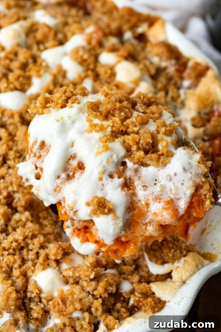 Golden Sweet Potato Marshmallow Dream 4 A large serving spoon delves into a warm sweet potato casserole, lifting a portion rich with melted, golden-brown marshmallows and a visible, crunchy brown sugar streusel. The steam gently rises, indicating its fresh-from-the-oven deliciousness.
