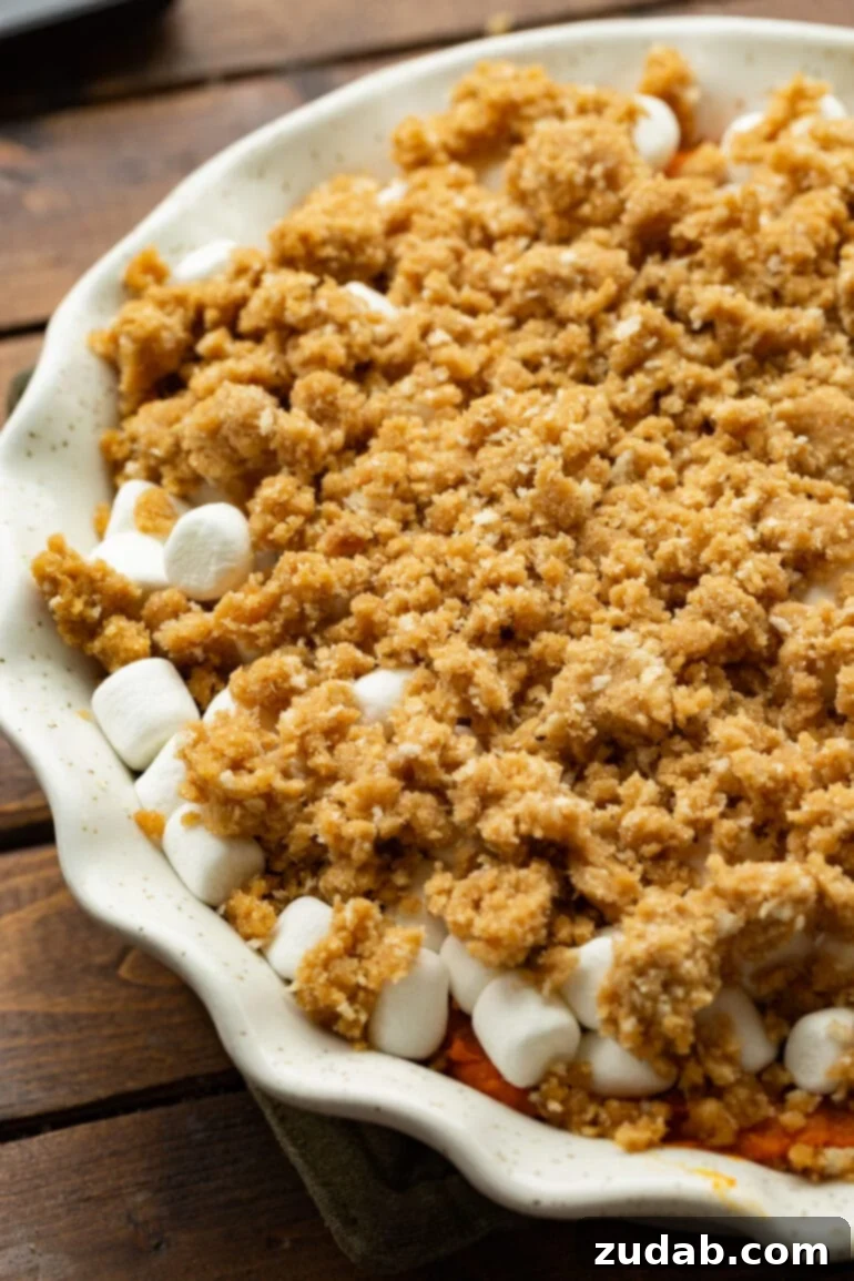 Golden Sweet Potato Marshmallow Dream 5 An unbaked sweet potato casserole in a round baking dish, generously topped with an even layer of mini marshmallows and a crumbly brown sugar streusel, ready to be baked to golden perfection.