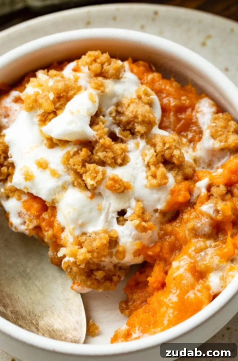 Golden Sweet Potato Marshmallow Dream 7 A close-up shot of a single serving of sweet potato casserole, artfully scooped into a small, rustic bowl. The top layer features a luscious mix of glistening, melted marshmallows and a golden-brown, crunchy streusel, inviting a delicious bite.