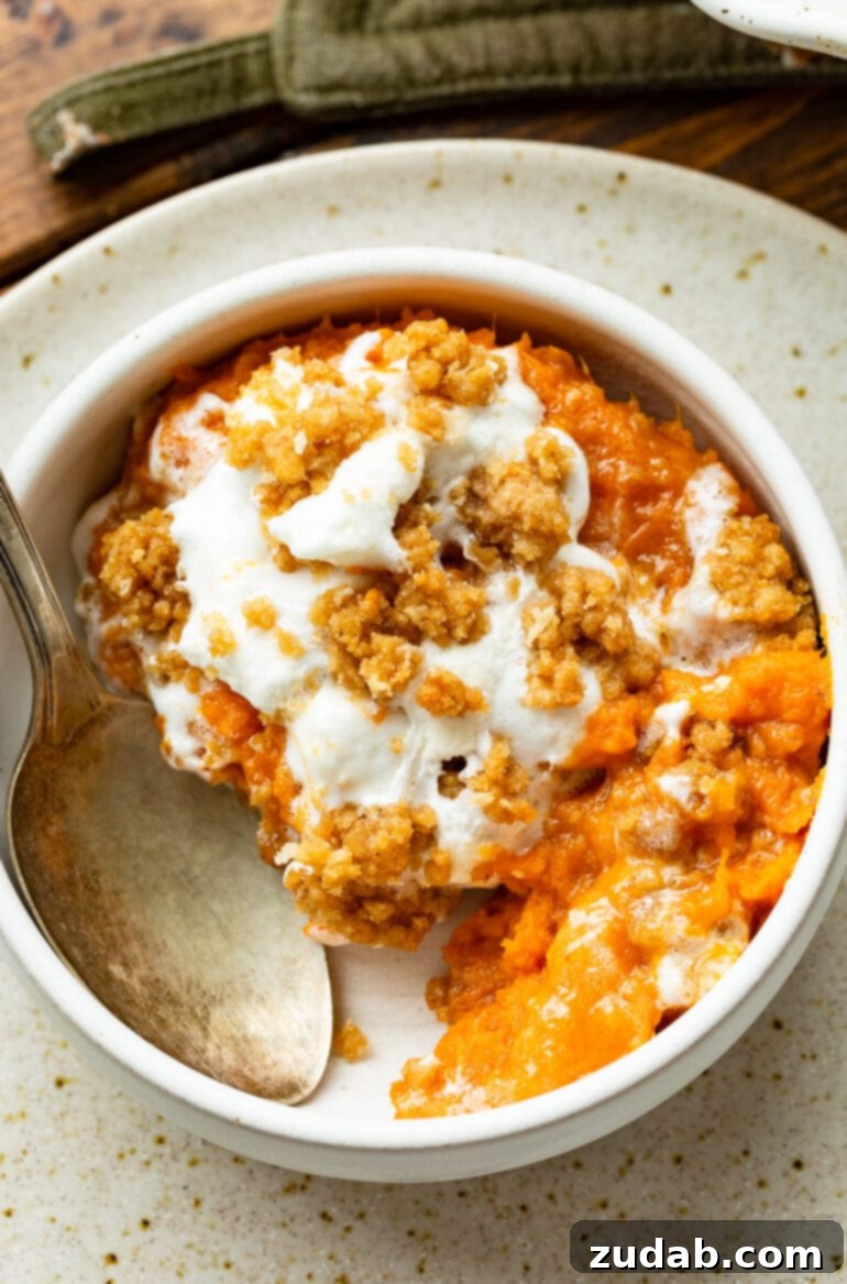Golden Sweet Potato Marshmallow Dream 10 A close-up of a serving of sweet potato casserole, showcasing its golden-brown melted marshmallows and a richly textured brown sugar crumb topping in a small, elegant bowl. The detail highlights the delicious layers and inviting warmth of the dish.