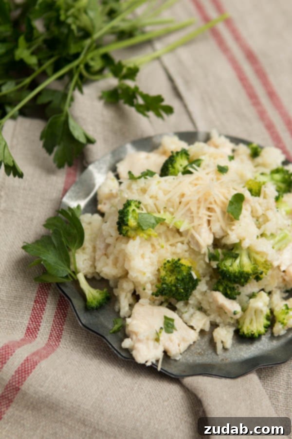 Easy slow cooker chicken alfredo rice casserole ohsweetbasil.com pressure coooker, crockpot, insta pot