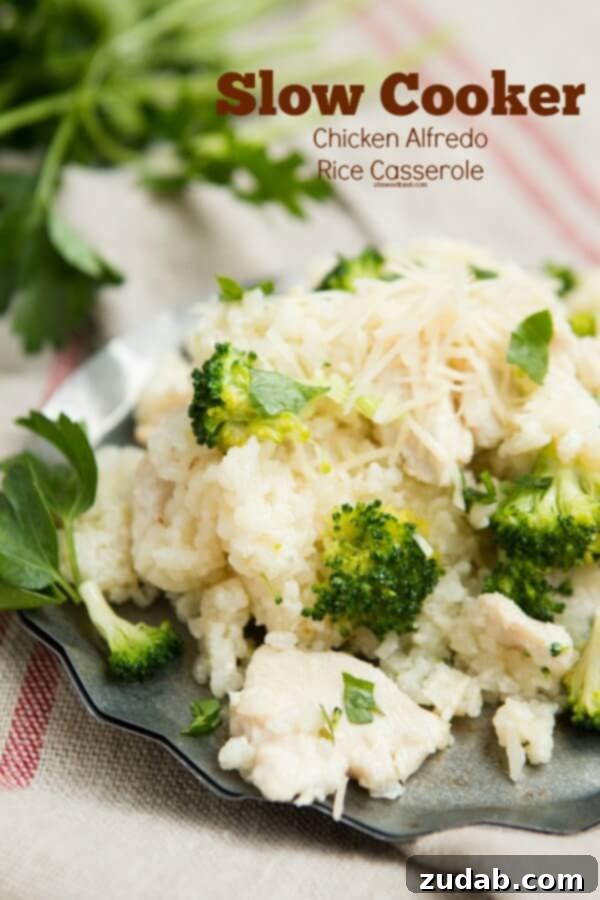 Easy slow cooker chicken alfredo rice casserole ohsweetbasil.com pressure coooker, crockpot, insta pot