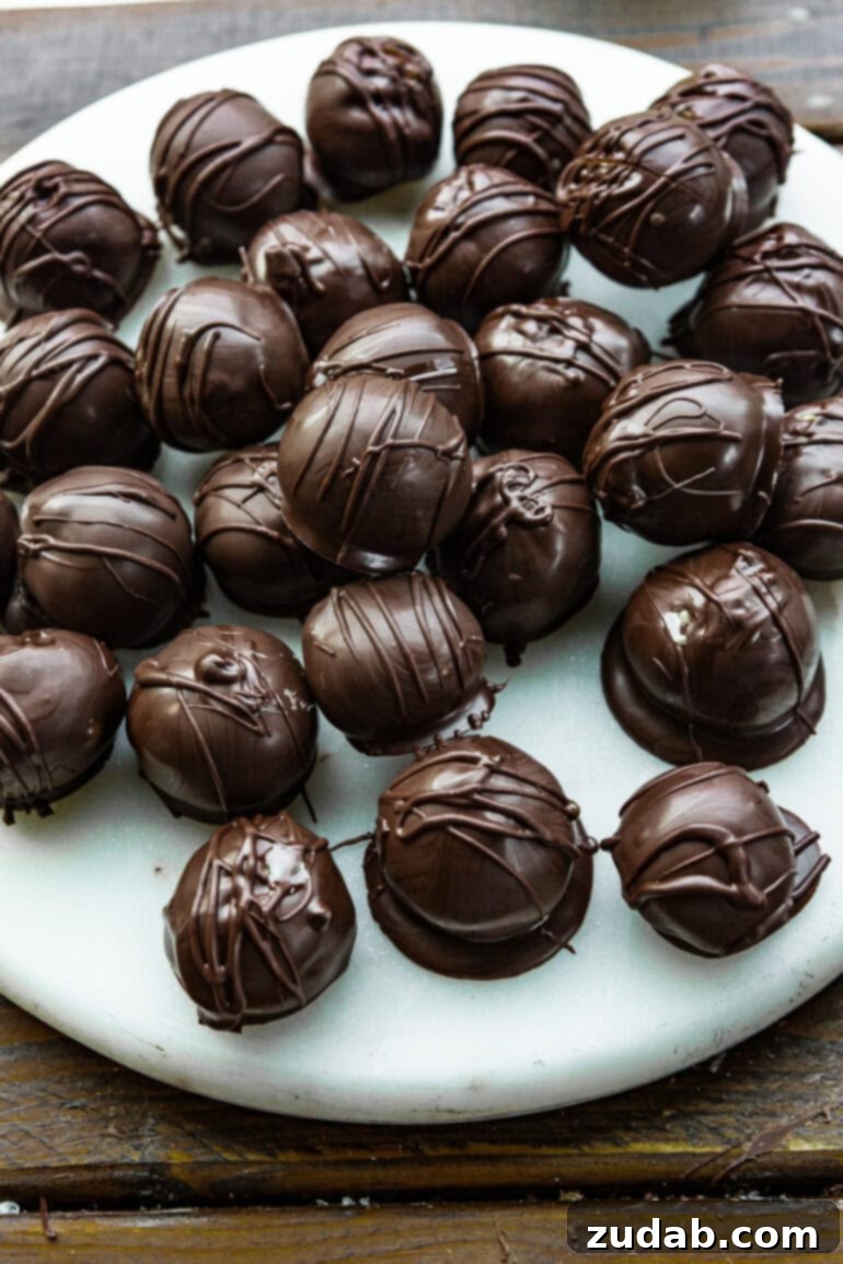 Peanut Butter Chocolate Bliss Bites 3 A beautiful arrangement of dark chocolate-covered peanut butter balls resting on a pristine white serving platter, ready to be enjoyed.