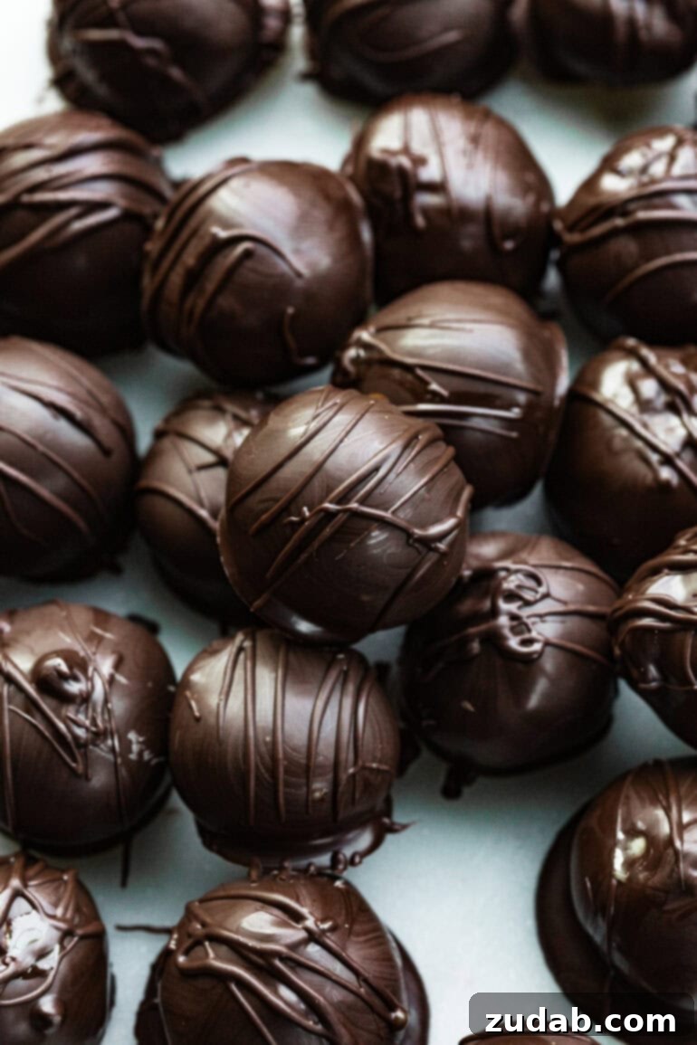 Peanut Butter Chocolate Bliss Bites 4 A vibrant photo showcasing several perfectly dipped dark chocolate peanut butter truffles, illustrating their appeal as a holiday dessert or party favor.
