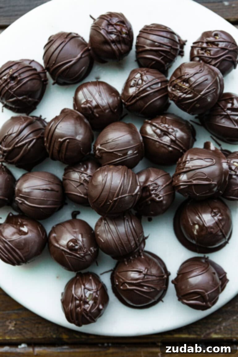 Peanut Butter Chocolate Bliss Bites 6 A delightful collection of chocolate-covered peanut butter truffles, showcasing their smooth, enticing coating and perfect round shape.