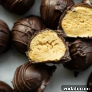 Peanut Butter Chocolate Bliss Bites 8 a photo of several dark chocolate covered peanut butter balls with two sliced in half so you can see the peanut butter inside.