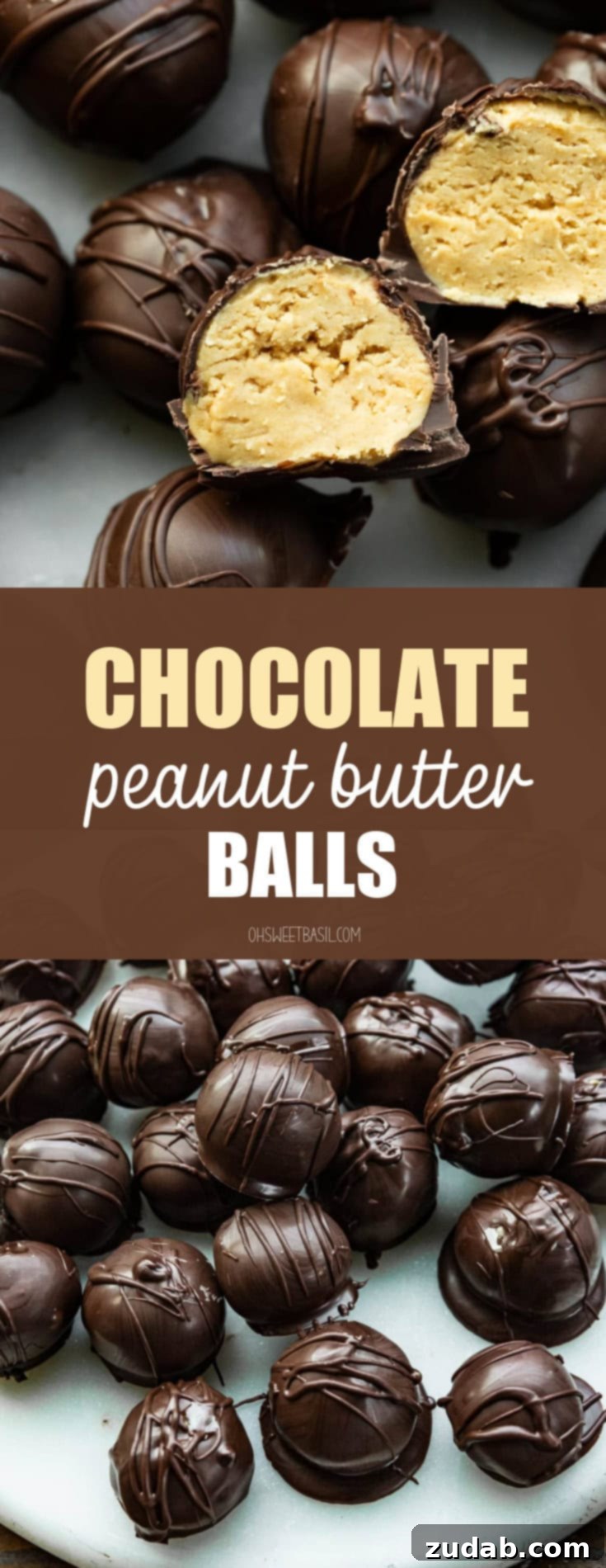 Peanut Butter Chocolate Bliss Bites 9 A stunning, vibrant photo of a single dark chocolate-coated peanut butter truffle, meticulously cut in half to showcase its creamy, smooth interior.