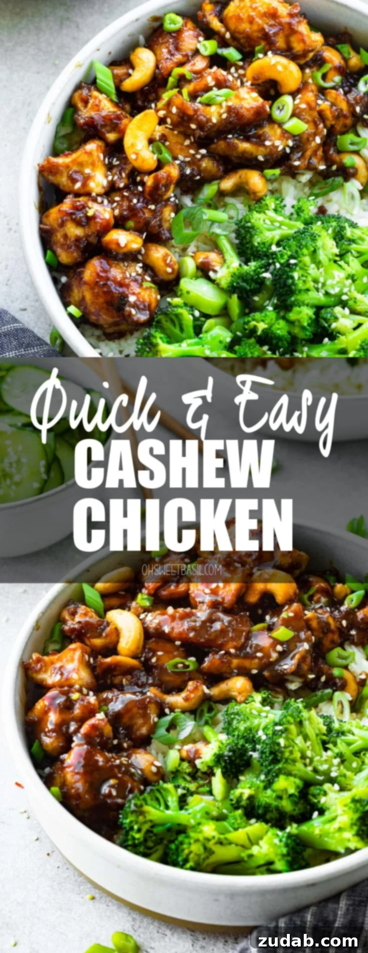 Effortless Cashew Chicken 8 A bowl filled with saucy Asian dish mixed with roasted nuts, accompanied by steamed broccoli, a perfect homemade meal.