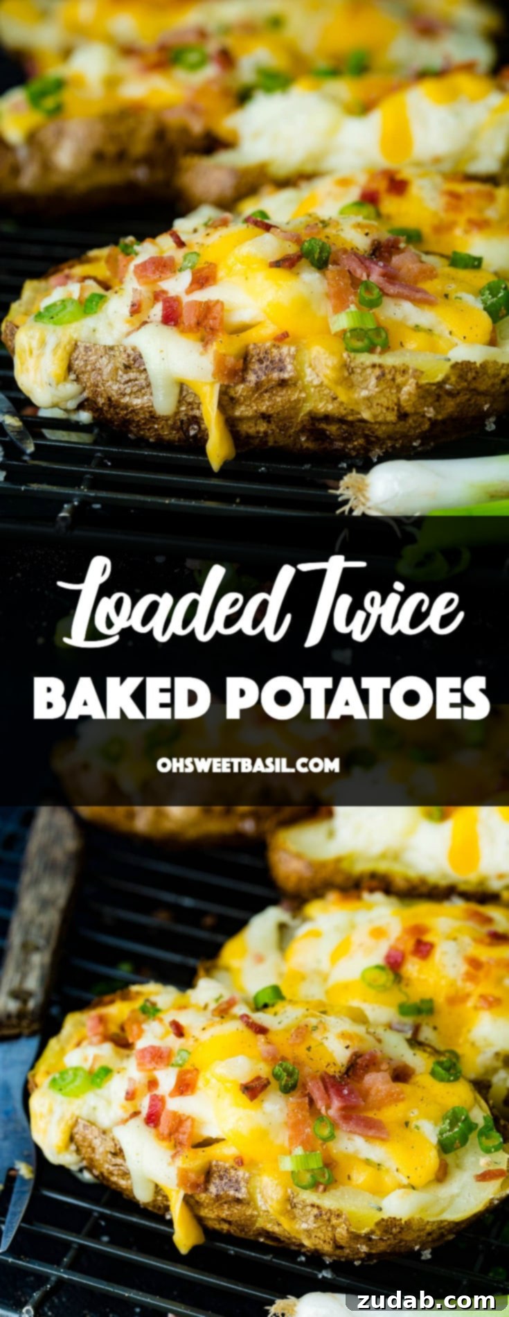 Twice-Baked Potato Perfection 8 a cooling rack with cheesy topped twice baked potatoes and bacon crumbles