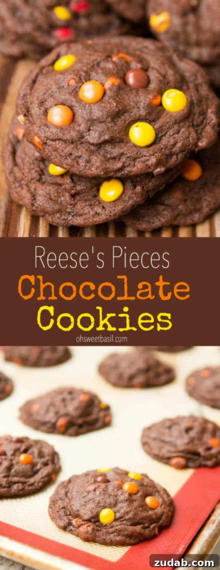 Reese's Triple Chocolate Cookies 8 A beautifully arranged stack of the best Chocolate Reese’s Pieces Cookies, highlighting their rich color and inviting texture.
