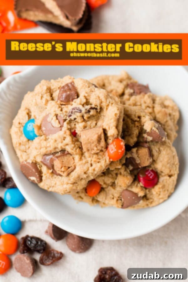 Reese's Triple Chocolate Cookies 10 A fun image of Reese's Monster Cookies, captioned 'reese's monster cookies because the kids made me do it and now I can't stop eating them! ohsweetbasil.com'.