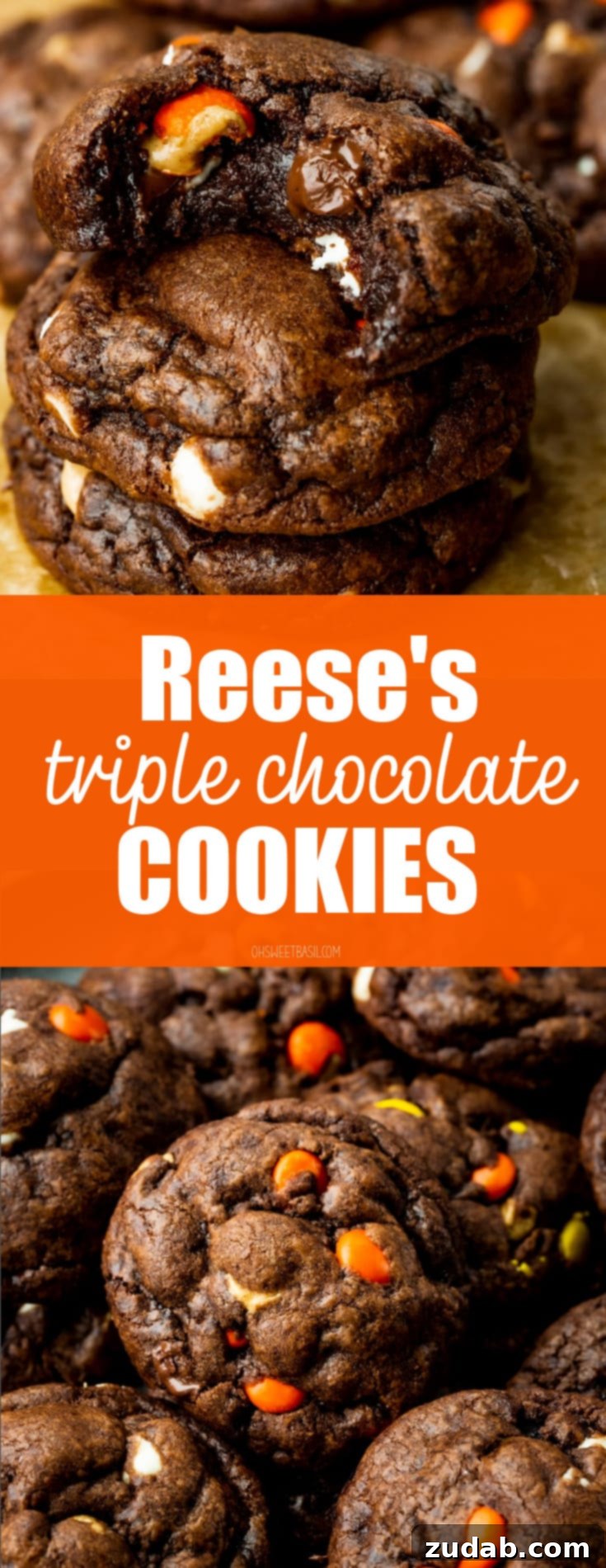 Reese's Triple Chocolate Cookies 12 A final, mouth-watering photo of three Reese's Triple Chocolate Cookies stacked on each other, with a bite taken out of the top cookie, inviting you to try this ultimate chocolate and peanut butter treat.