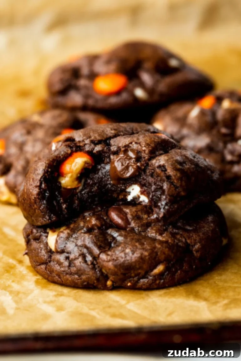 Reese's Triple Chocolate Cookies 4 A photo of a thick, chewy Reese's Triple Chocolate Cookie, one stacked on top of another, with a bite taken out of the top cookie to reveal the rich, melty chocolate and peanut butter chips.