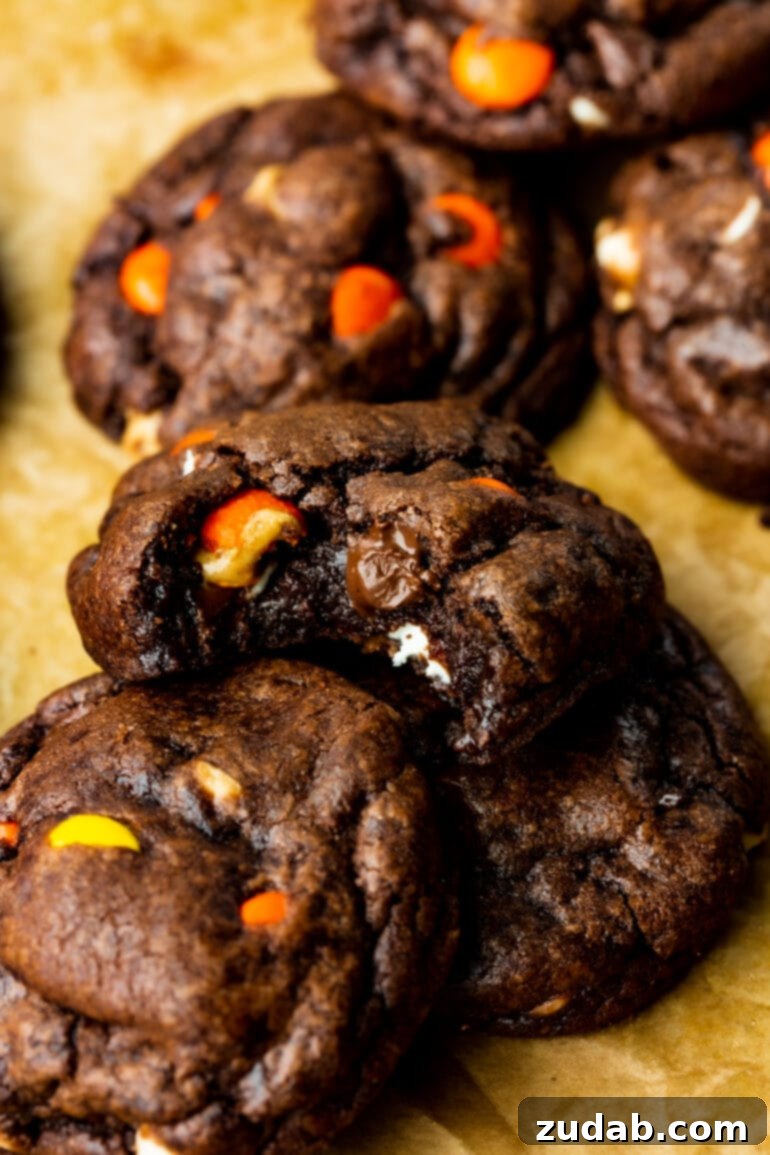 Reese's Triple Chocolate Cookies 6 A close-up photo of a thick and wonderfully chewy chocolate cookie with a bite taken out of it, sitting on two other cookies, showcasing the rich texture and delicious mix-ins.