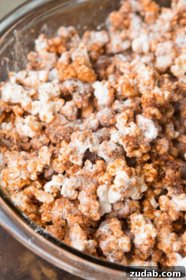Sweet Cinnamon Popcorn Close-up of fluffy, white popcorn kernels generously coated with a rich cinnamon-sugar mixture and melted cinnamon chips.