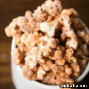 A bowl of delicious Churro Popcorn, garnished with cinnamon sticks, enticingly displayed for a sweet treat.