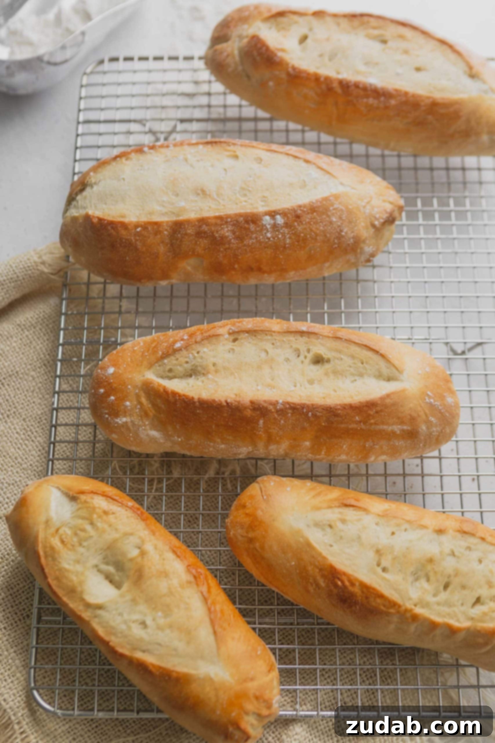 Homemade Hoagie Rolls Made Easy 4 Four hoagie rolls sitting on a wire cooling rack. they are baked to a golden brown.