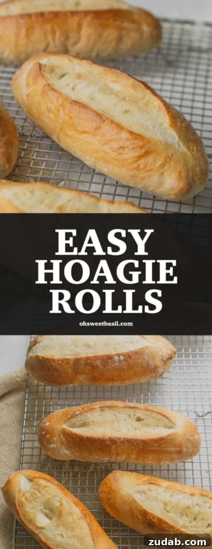 Homemade Hoagie Rolls Made Easy 7 A photo of one golden brown hoagie roll in focus in the middle with an out of focus roll in the foreground and another out of focus in the background all on a wire cooling rack