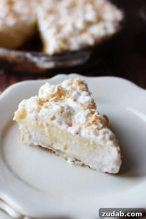 Heavenly No-Bake Banana Pudding Pie with Nilla Wafer Crust 13 A tempting White Chocolate Coconut Cream Pie, highlighting its rich and creamy texture.