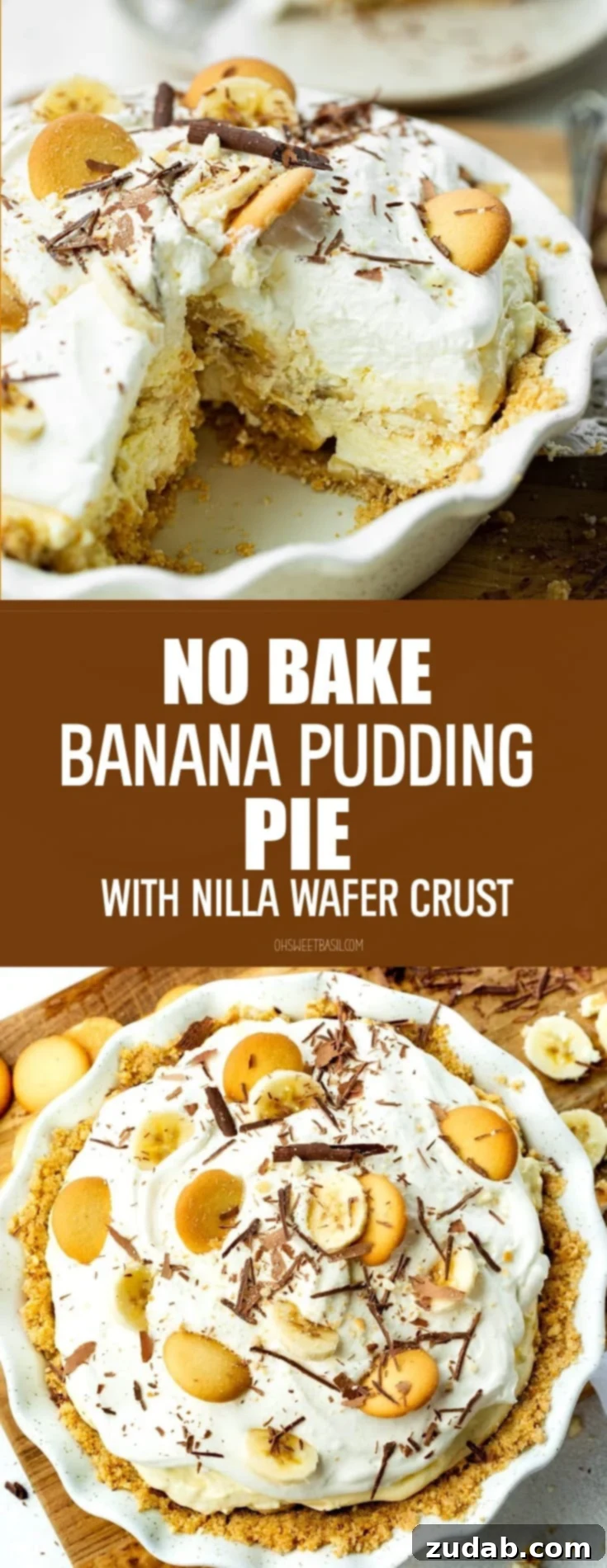 Heavenly No-Bake Banana Pudding Pie with Nilla Wafer Crust 16 A close-up of a thick, creamy banana cream pudding pie in a white baking dish, with a slice removed to reveal its luscious layers.