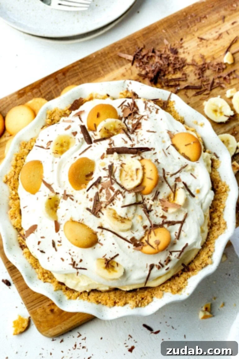 Heavenly No-Bake Banana Pudding Pie with Nilla Wafer Crust 3 An overhead shot of a finished banana pudding pie, beautifully adorned with generous dollops of whipped cream, whole Nilla wafers, and a sprinkle of shaved chocolate.