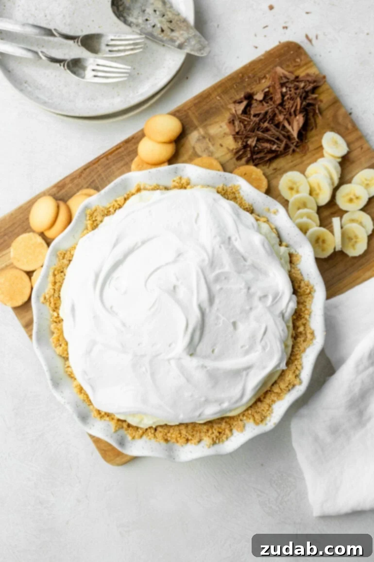 Heavenly No-Bake Banana Pudding Pie with Nilla Wafer Crust 5 A vibrant photo of a whole creamy banana pudding pie, surrounded by perfectly sliced fresh bananas and a scattering of Nilla Wafers, ready to be enjoyed.