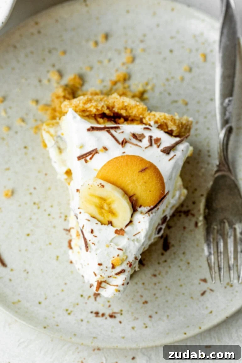 Heavenly No-Bake Banana Pudding Pie with Nilla Wafer Crust 6 An inviting overhead photo of a single slice of banana cream pudding pie on a dessert plate, garnished with a banana slice, a Nilla wafer, and chocolate shavings.