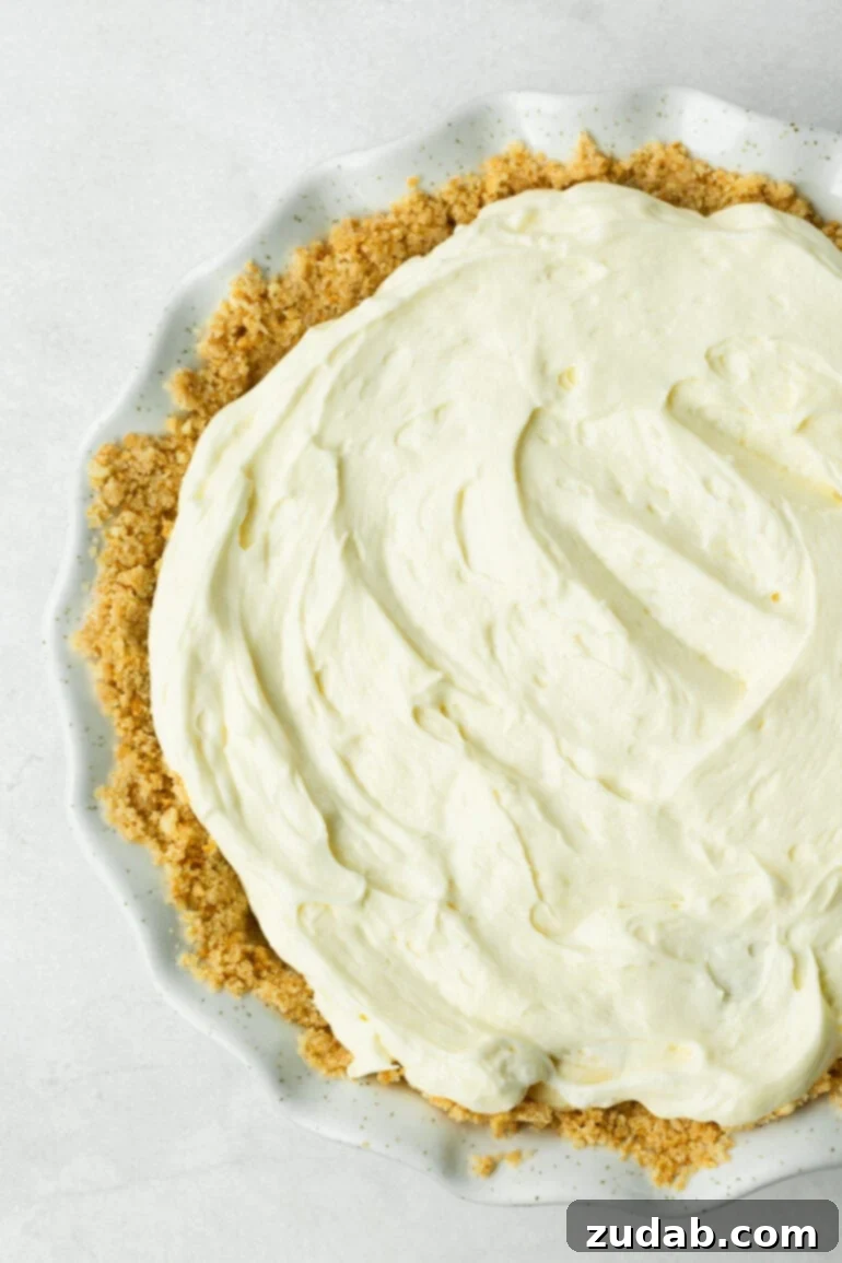 Heavenly No-Bake Banana Pudding Pie with Nilla Wafer Crust 7 A beautiful, creamy banana pudding pie with a golden Nilla wafer crust, presented in an elegant white pie dish, ready to be served.