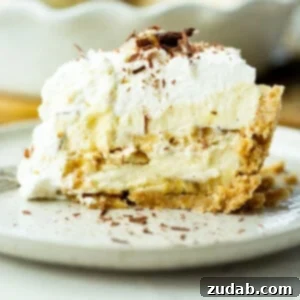 Heavenly No-Bake Banana Pudding Pie with Nilla Wafer Crust 10 a photo of a large slice of double layered banana pudding pie topped with whipped cream and shaved chocolate