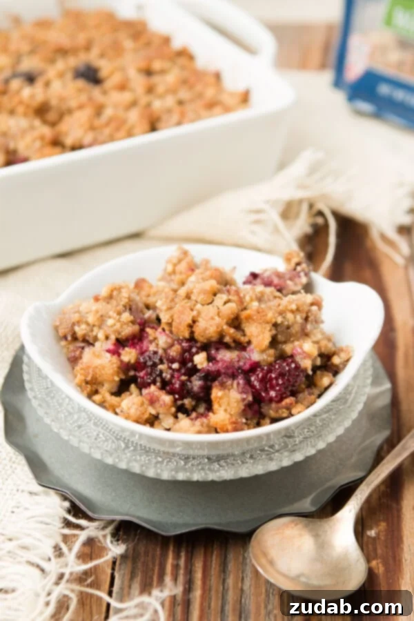 Indulge in this delicious and healthy Blackberry Cobbler Baked Oatmeal with a delightful Walnut Crumble, perfect for a nutritious start to your day. Blackberry cobbler baked oatmeal with walnut crumble. It's like dessert for breakfast but way healthier. ohsweetbasil.com