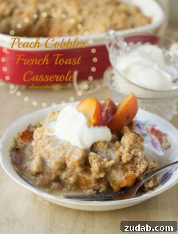 Indulge in this delightful Peach Cobbler French Toast Casserole, a perfect breakfast twist on a classic dessert. Everyone-loves-fresh-peachcobbler-but-turn-it-into-breakfast-Seriously-its-the-perfect-way-to-start-out-the-school-year-ohsweetbasil.com-recipe-111