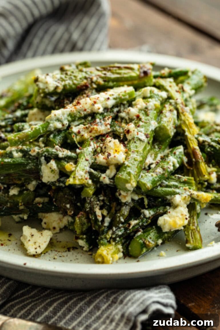 a photo of a plate full of grilled asparagus tossed with feta cheese and a lemon dressing sprinkled with salt and pepper