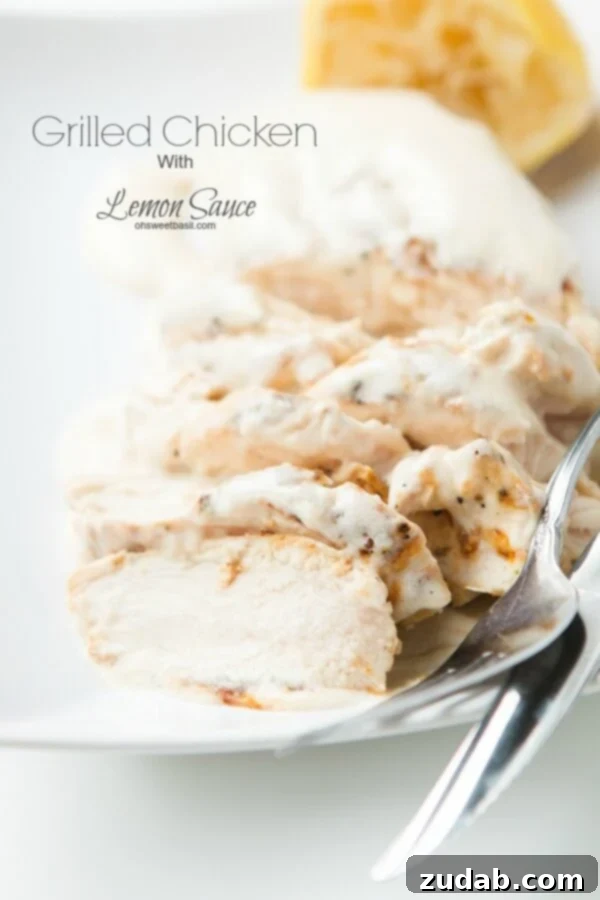 Grilled Chicken with Zesty Lemon Cream Sauce Perfectly grilled chicken breasts topped with rich lemon cream sauce.