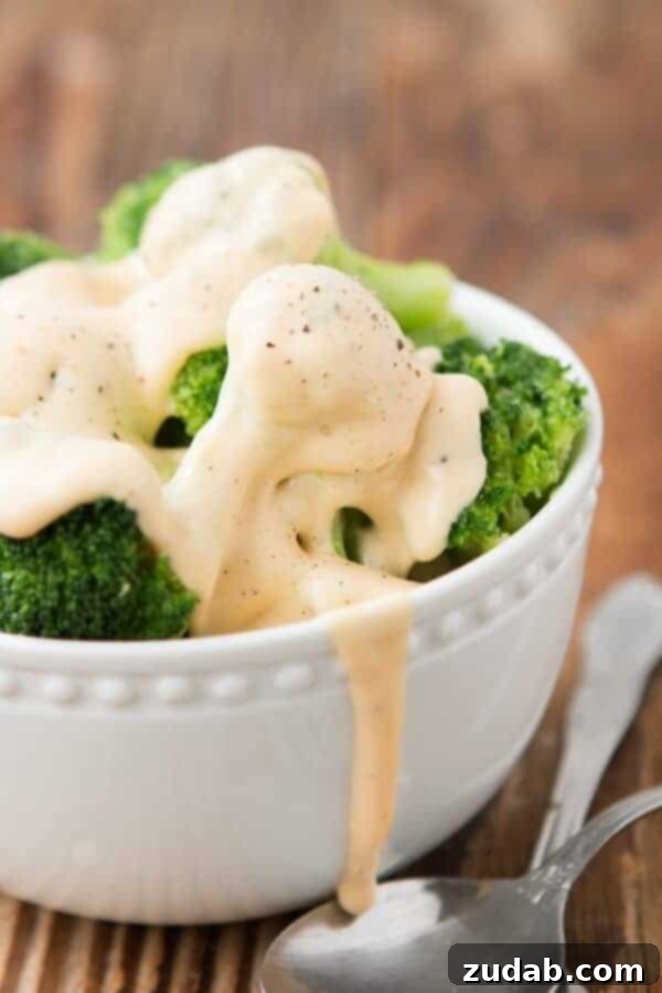 Close-up of fluffy broccoli florets with a thick, golden, real cheese sauce, ready to be served. ohsweetbasil.com